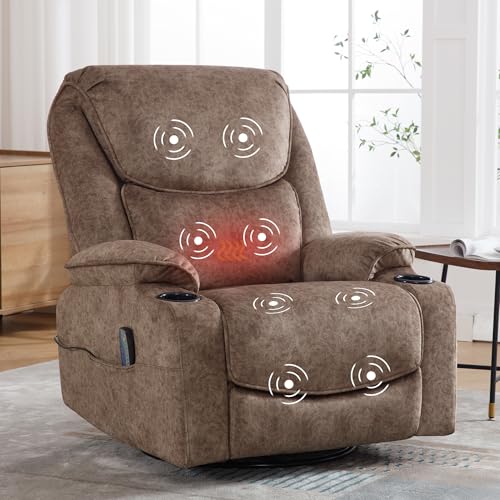 Swivel Rocker Recliner Chair, Power Reclining Chair Breathable Leather Recliner for Adults with Cup Holders and USB Port, Oversized Glider Rocking Recliner for Living Room, Dark Brown