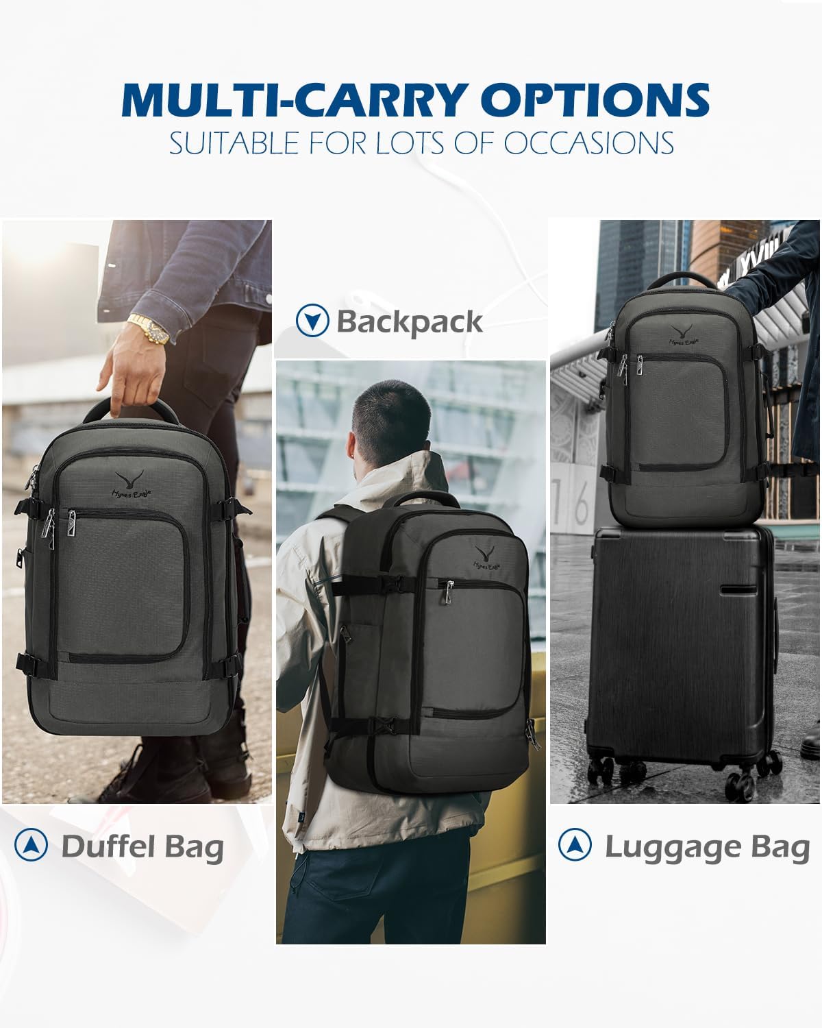 Hynes Eagle Travel Backpack 40L Flight Approved Carry on Backpack Men Large Cabin Weekender Laptop Backpack Women 15.6 inches Blue with Grey