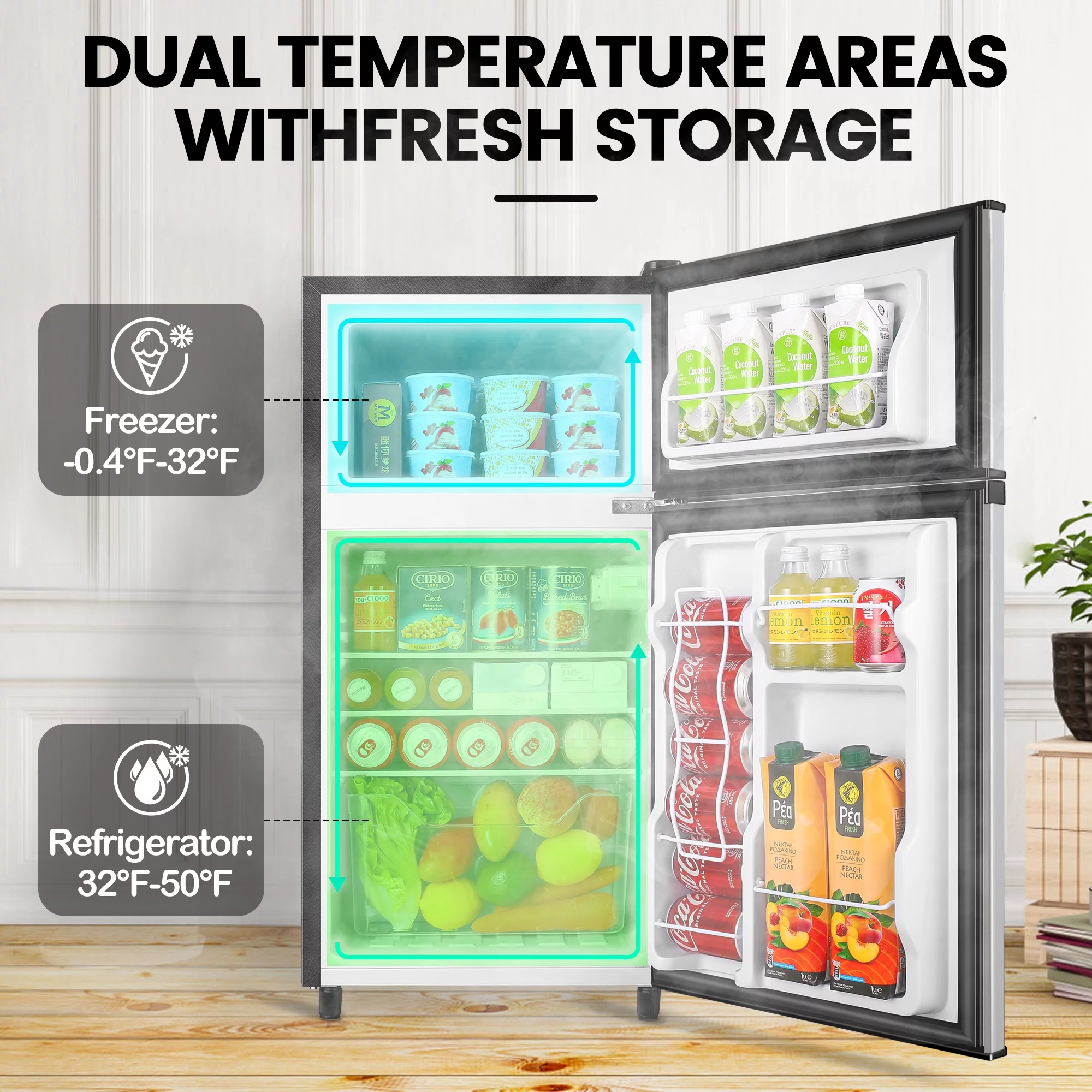 WANAI Two Door Mini Fridge with Freezer, 3.5 Cu ft Small Freezer,Silvery