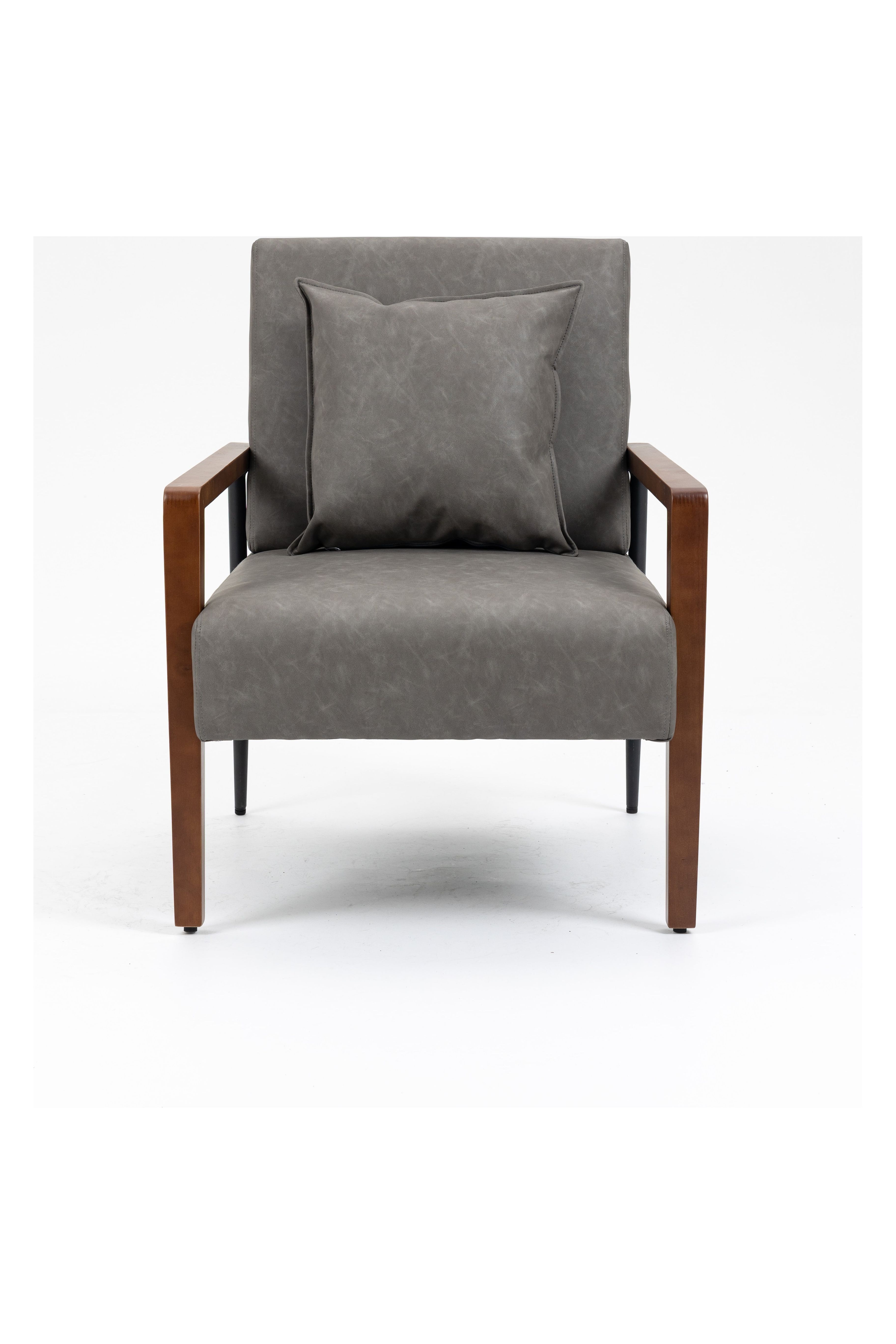 Mid-Century Modern Accent Leather Armchair with Solid Wood Armrest & Removable Cushions Comfy Retro Leisure Chair Reading Chair for Living Room Bedroom Brown