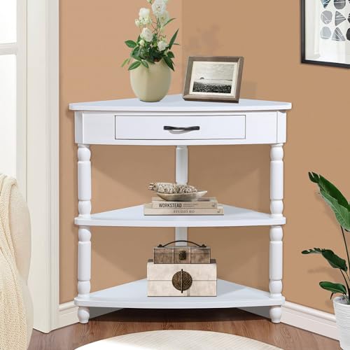 3-Tier Corner Shelf with Drawer, Living Room Corner Cabinet with Solid Wood Legs, Small Corner Table with Storage, Corner Hutch Cabinet for Dining Room, Kitchen, Bedroom, White
