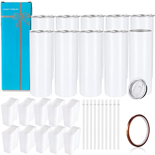 10 Pack Sublimation Tumblers Bulk Straight Skinny Tumbler Blanks 20oz for Heat Transfer, Individual Gift Boxed, Double Wall Insulated Tumbler with Shrink Wrap Films & Heat Tape & Straws