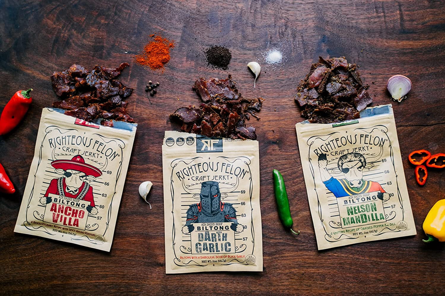 Righteous Felon Biltong Beef Jerky Variety Pack 2 oz Bags Low Carb Zero Sugar Gluten-Free Snacks 3 Pack