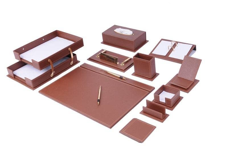 MOOGCO Desk Organizers - Desk Accessories - Leather Desk Organizer - Bonded Leather Desk Set - Home Office Accessories - Desk Supplies - Leather Desk Set - Office Accessories - 14 PCS (BROWN)