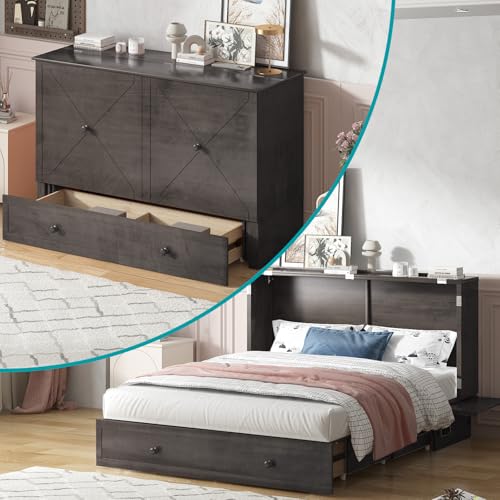 BALUS Murphy Bed, Furniture Murphy Cube Cabinet Bed with USB Charging Station, Foldable Cabinet, Memory Foam Queen Size Mattress, Storage Drawer-Cherry