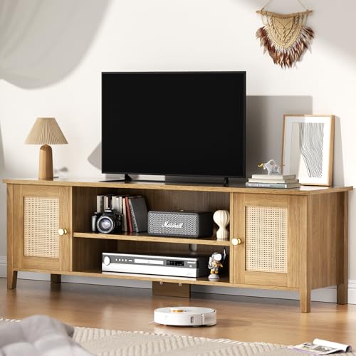 Rattan TV Stand for 65 70 inch TV Entertainment Center Wood TV Stands for Living Room with Storage, Mid Century Television Console for Bedroom