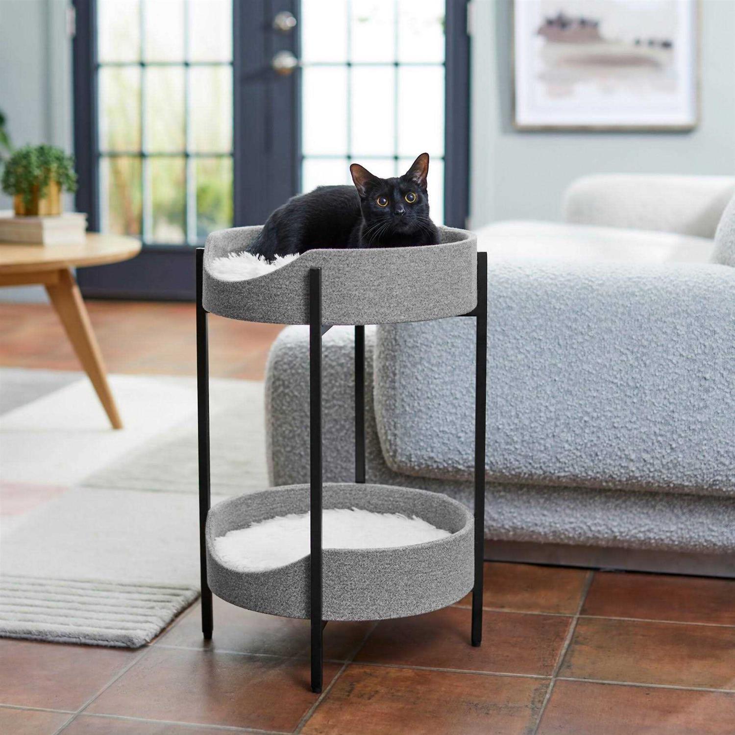 Frisco Elevated Modern Wrought Iron Cat Bed with Long Faux Fur Cushion - Pet Supplies online store