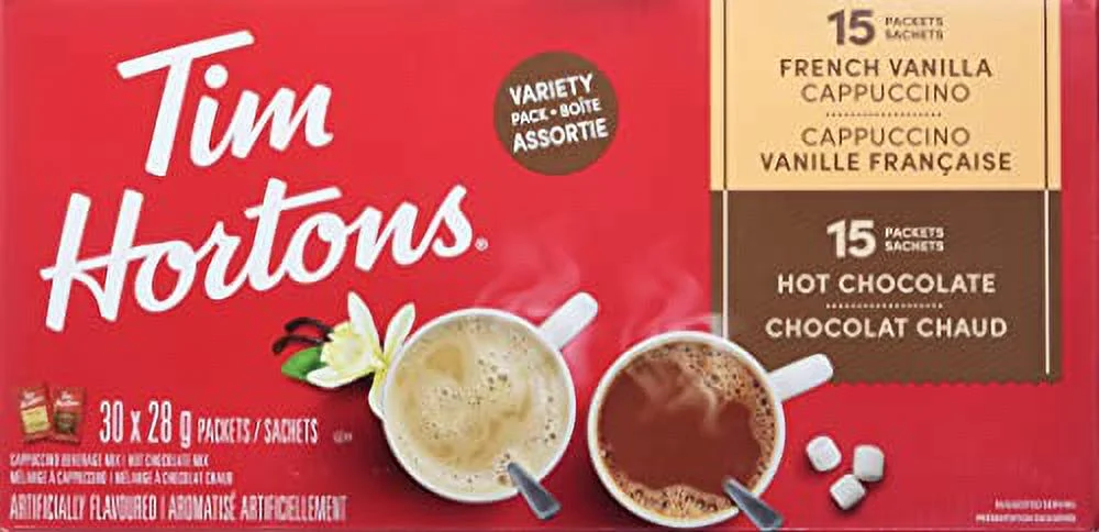 Tim Hortons Hot Chocolate Assorted Variety, French Vanilla & Cappuccino, 30x28g, 15 Packets (Imported from Canada)