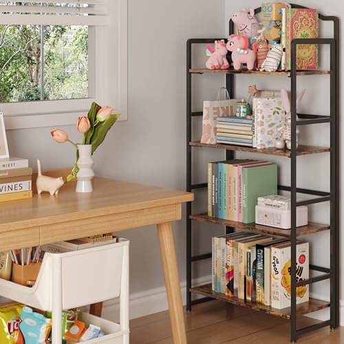 JSB No Assembly Folding Bookshelf, 5 Tier Book Shelf for Storage, Vintage Wood Foldable Bookcase for Living Room, Bedroom, Office Organization Shelves