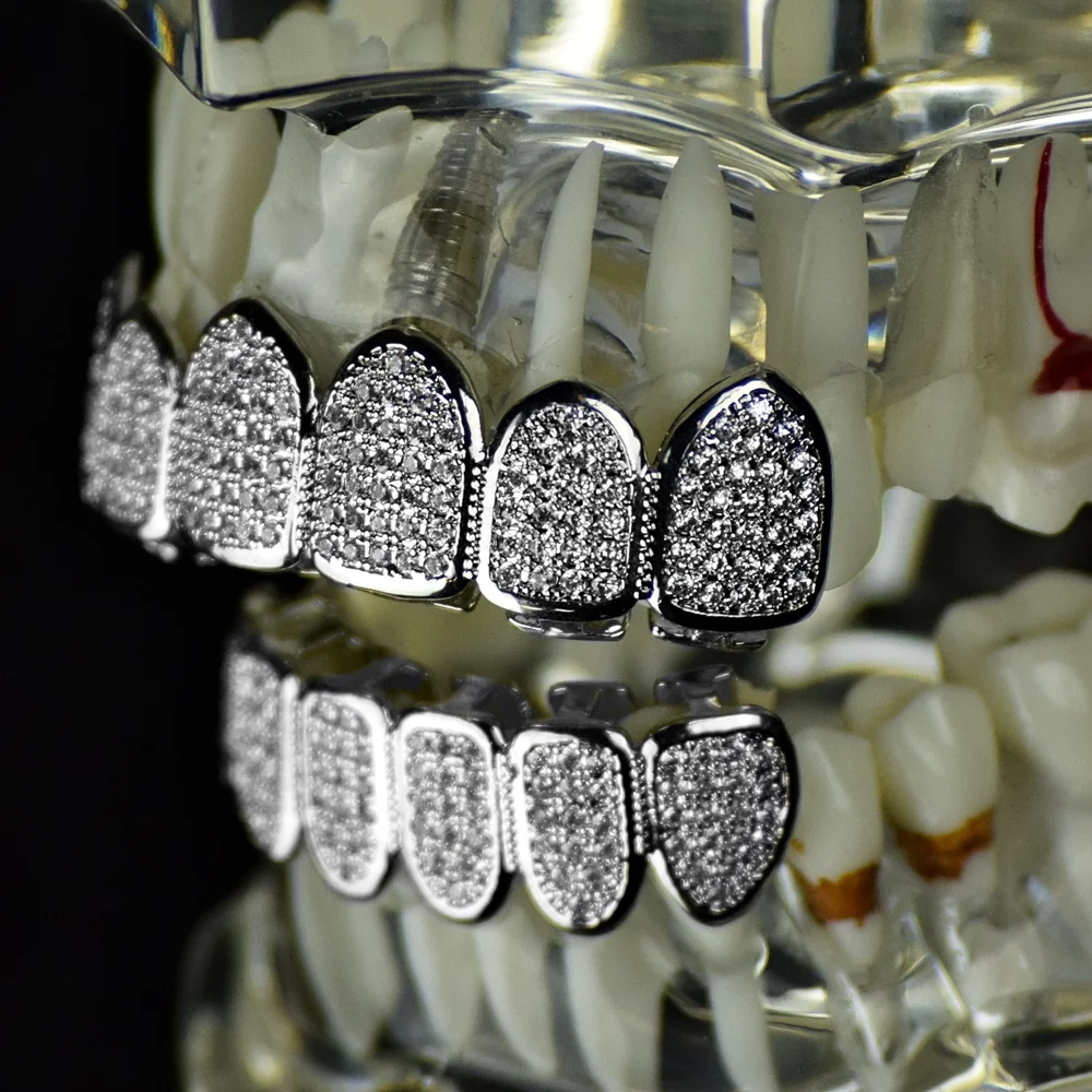 Grillz Set CZ Micro Pave Top & Bottom Silver Tone Micropave Gems Hip Hop Teeth Grills