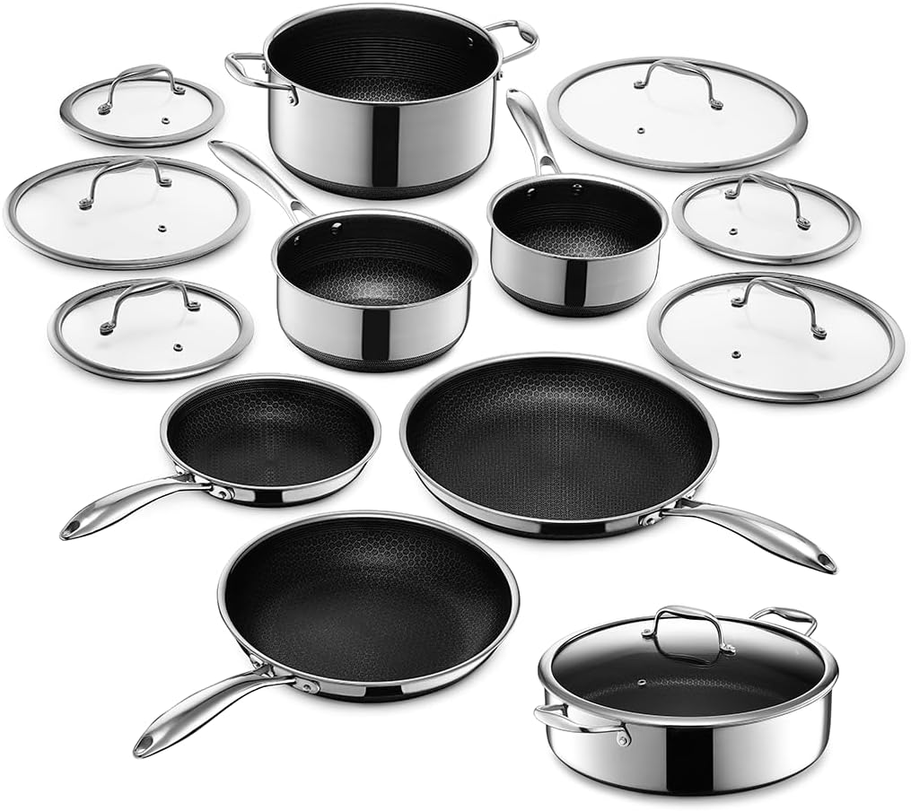 HexClad 13 Piece Hybrid Stainless Steel Cookware Set - 6 Piece Frying Pan Set, 6 Piece Pot Set and 7 Quart Pot Deep Fryer, Stay Cool Handles, Induction Ready