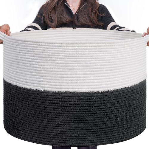 INDRESSME Large Storage Basket, 21.7'' x 13.8'' Cotton Rope Blanket Basket Living Room, Toy Organizers and Storage with Handles for Kids, Laundry Basket for Clothes, Towel, 90L Grey