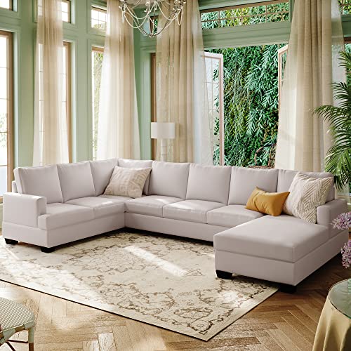 Modern Large Upholstered U-Shape Sectional Sofa, Extra Wide Chaise Lounge Couch, Beige Living Room Furniture