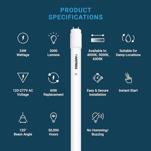 PARMIDA 20-Pack 4FT LED T8 Hybrid Type A+B Light Tube, 24W, Plug & Play or Ballast Bypass, Single-Ended OR Double-Ended Connection, 3000lm, Frosted Cover, T8 T10 T12, ETL - 4000K