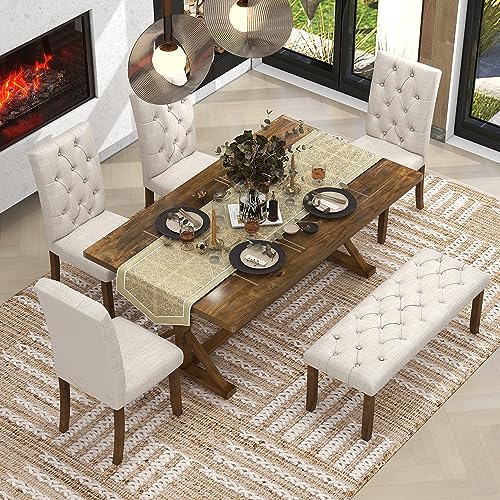 LUMISOL Wood Kitchen Dining Room Table Set for 6 Persons with Bench and Chairs, Farmhouse Rustic 6 Piece Dining Table Set with Recantgle Table and Upholstered Bench and Chairs, Natural Cherry