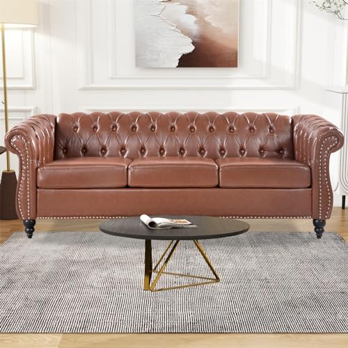 Black Faux Leather 3-seater Couch, 84in Sofas for Living Room, Bedroom, Office, with Rolled Arm, Deep Seating and Buttoned Classic Chesterfield Sofa