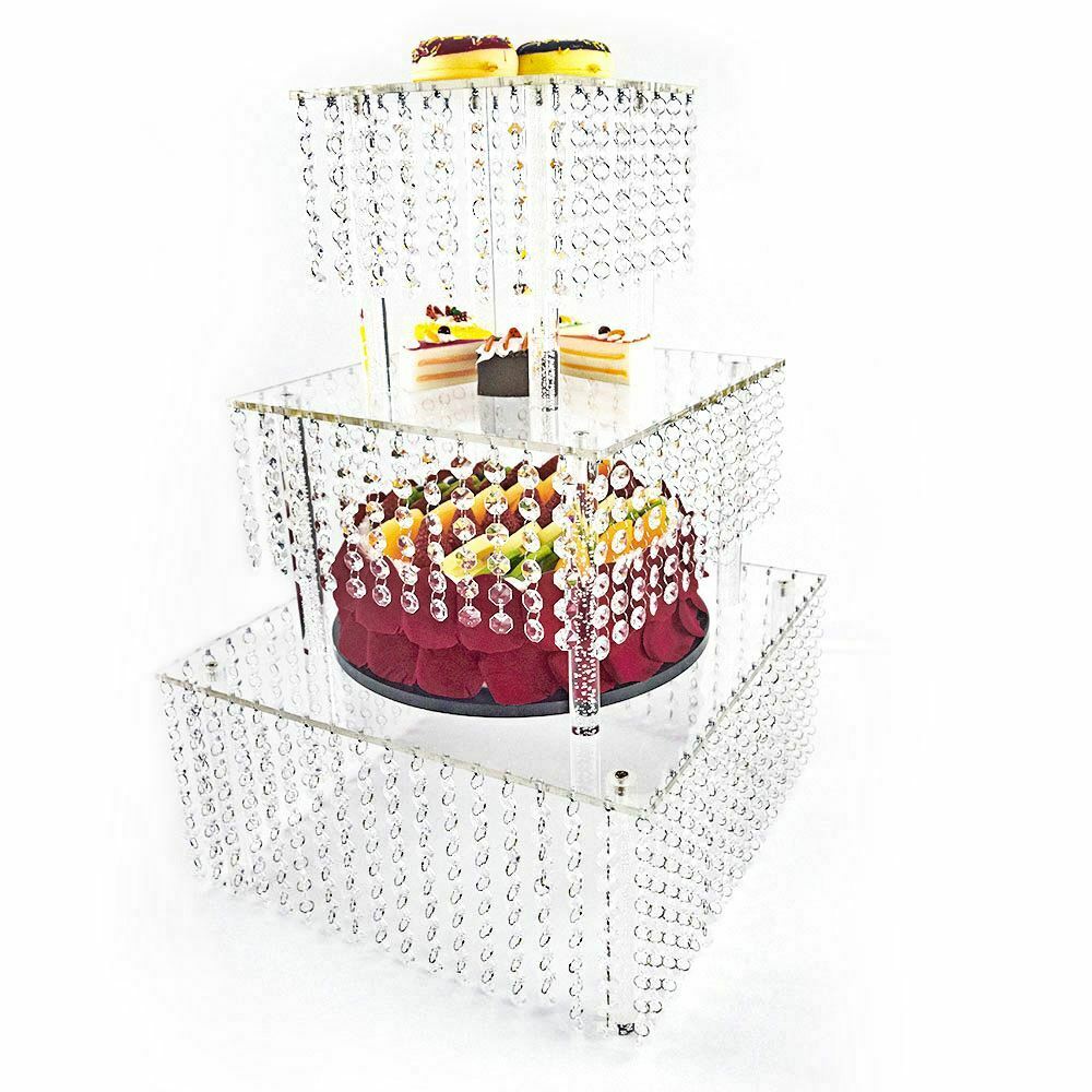 Miumaeov Set of 3 Clear Acrylic Cake Stands Square Cupcake Stands Dessert Display with Crystal Pendants