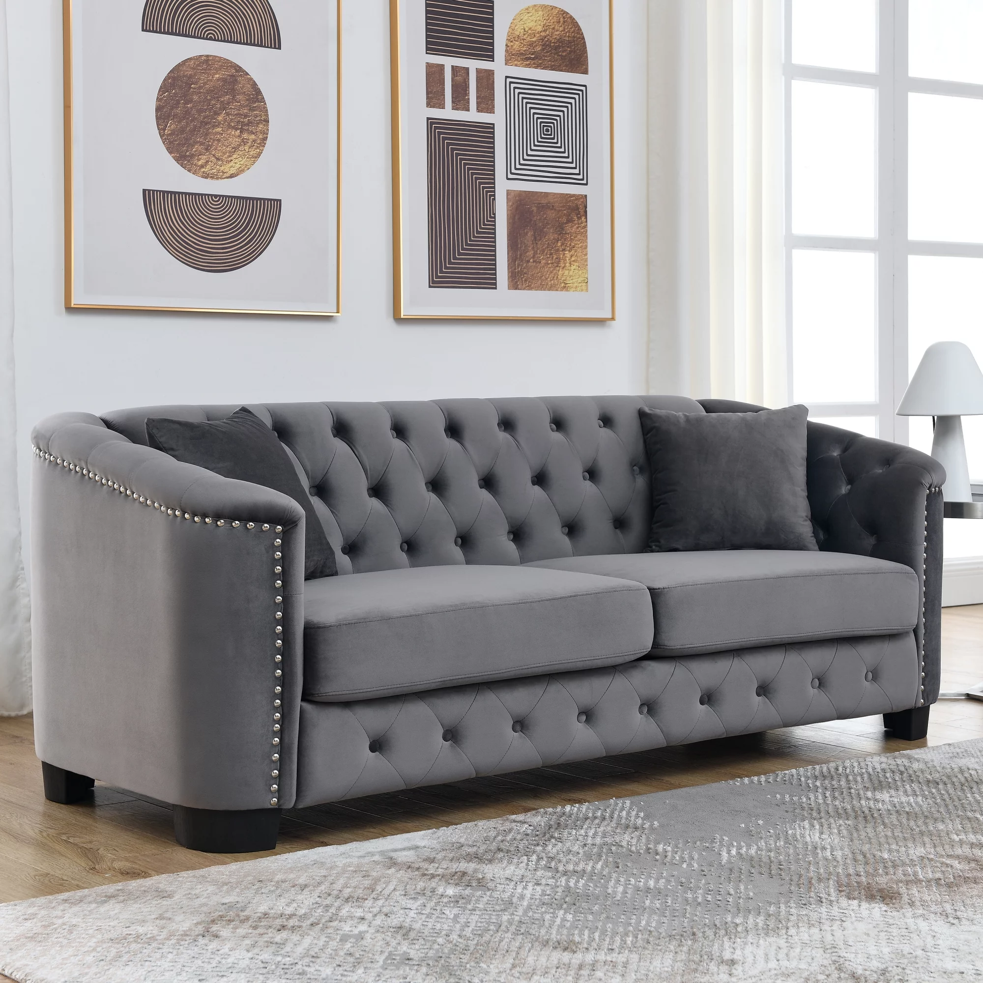 77-Inch Modern Chesterfield Velvet Sofa, 3-Seater Sofa, Upholstered Tufted Backrests with Nailhead Arms and 2 Cushions for Living Room, Bedroom, Apartment, Office (Grey)