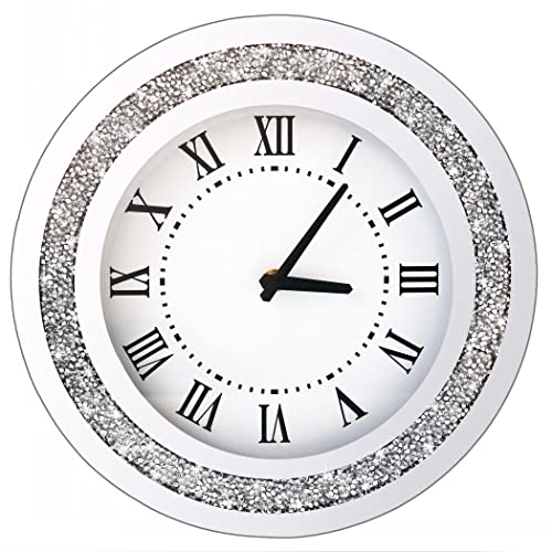DMDFIRST Crystal Crushed Diamond Mirrored Round Wall Clock 16x16x2 inches for Wall Decoration Silver Glass Mirror Clock Sparkle Twinkle Bling Home Decor. AA Battery is not Included.