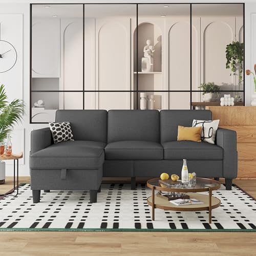 Convertible Sectional Sofa Couch, Beige 3 Seat L-Shaped Sectional Sofa with Storage Ottoman and Pockets, Modern Linen Fabric Upholstered Sofa Furniture Set for Living Room Small Space Bedroom