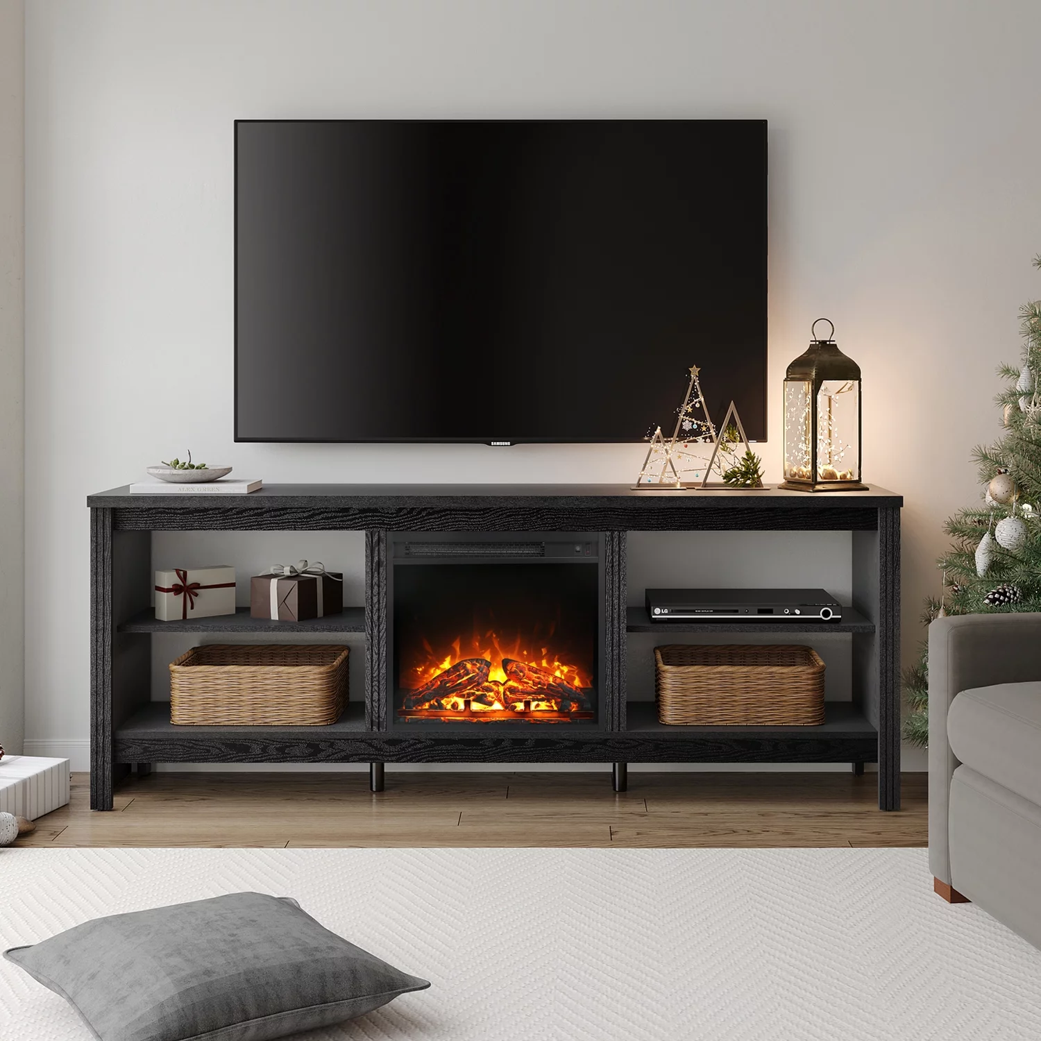 Fireplace TV Stand for TV's up to 80 Inch, Wood Entertainment Center for 75 inch TV with Electric Fireplace for Living Room Bedroom, 70 inch, Black