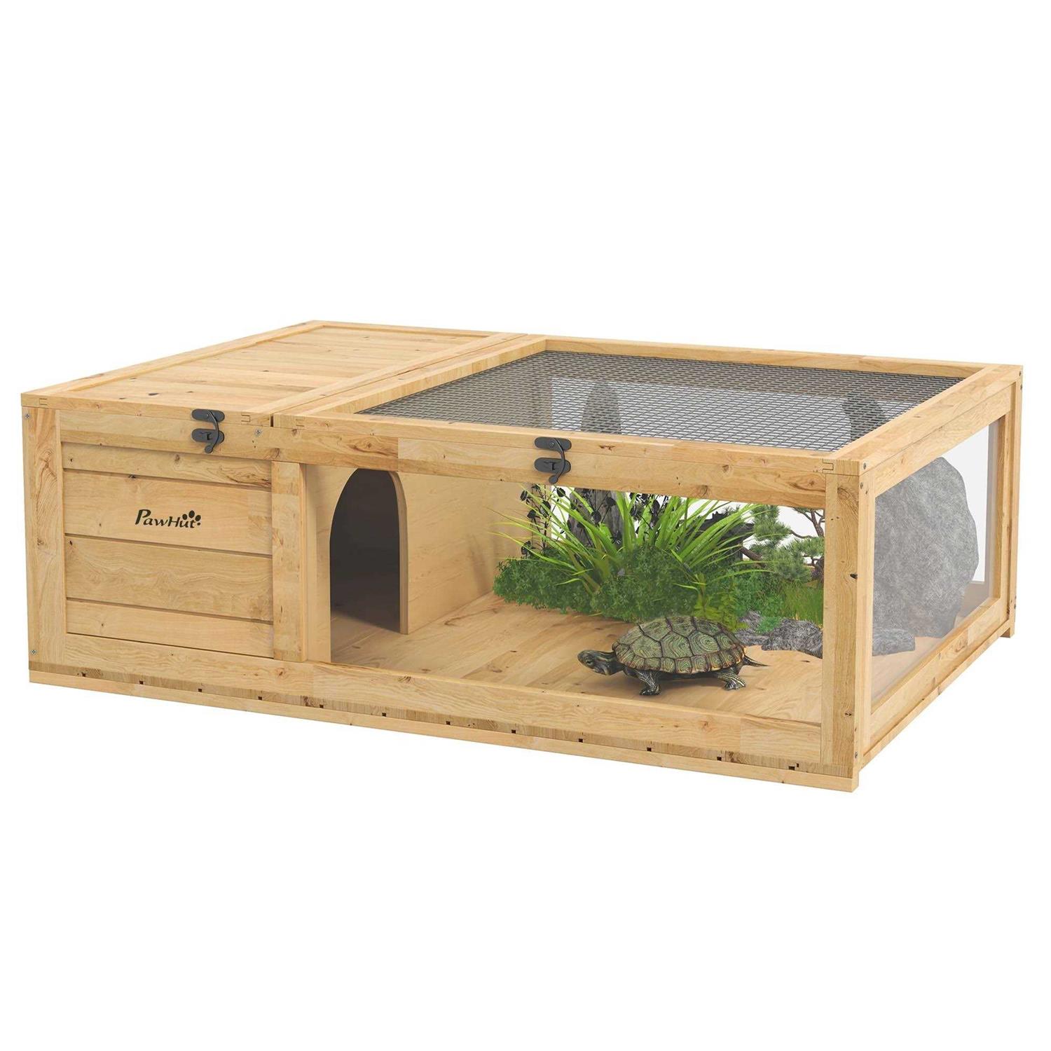 PawHut Wooden Tortoise House Turtle Habitat Enclosure Outdoor Reptile Cage - Pet Supplies online store