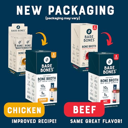 Bare Bones Bone Broth Instant Powdered Beverage Mix, Chicken & Beef, Variety Pack of 32, 16 Chicken & 16 Beef - 15g Sticks, 10g Protein, Keto & Paleo Friendly