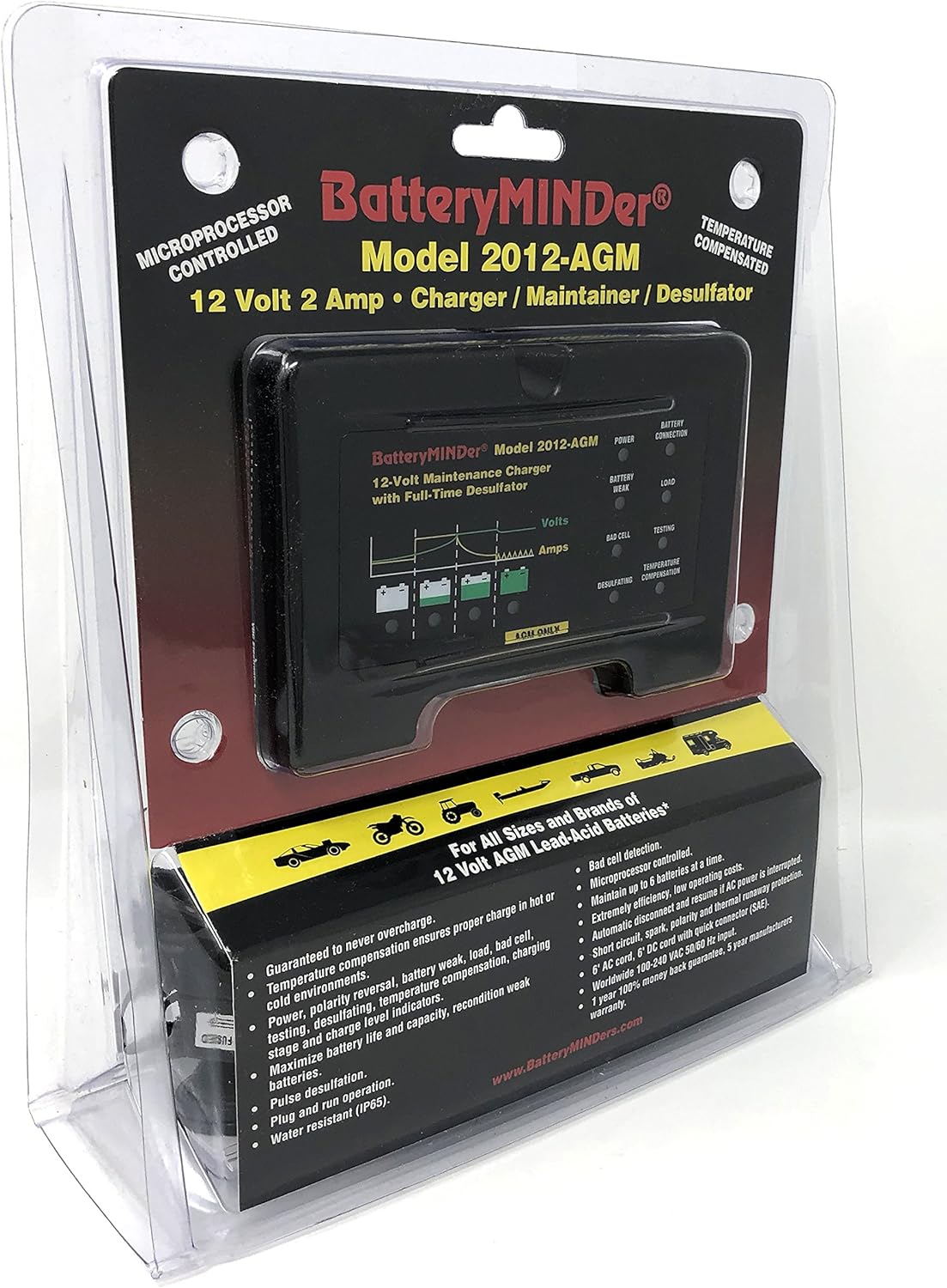BatteryMINDer 2012-AGM - AGM Batteries Only - 12 Volt-2 Amp Battery Charger, Battery Maintainer, and Battery Desulfator for Odyssey, Optima * AGM Lead-Acid Batteries