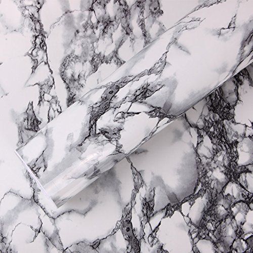Black White Veined Marble Gloss Vinyl Architectural Wrap for Home Office Furniture Wallpaper Tile Sheet 6.5ft x 15.9 inches Roll (6.5ft x 15.9 inches 2-roll pack)