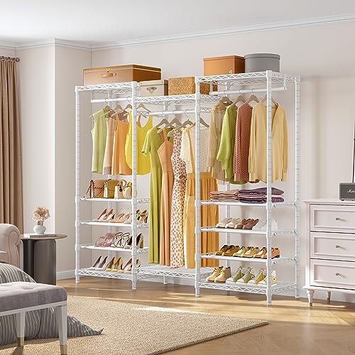 VIPEK S3i Heavy Duty Garment Rack with Adjustable Shoe Rack Wire Shelf, Large Wardrobe Closet Organizer Storage, Freestanding Clothes Rack with Hanging Rod, Custom Closet Rack, White