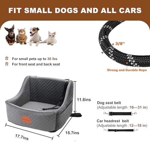 Dog Car Seat Small/Medium Sized Dog, Dog Booster Seat Front or Back Seat Detachable and Washable Pet Safety Seat, Suitable for Medium Dogs Under 30 Lbs, Storage Pockets and Dog Leash（Grey）