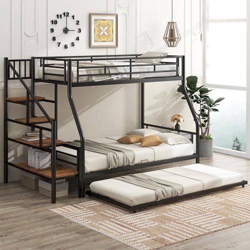 SOFTSEA Twin Over Twin Metal Bunk Bed with Drawers, Convertible Twin Bunk Beds, No Box Spring Needed(Black)