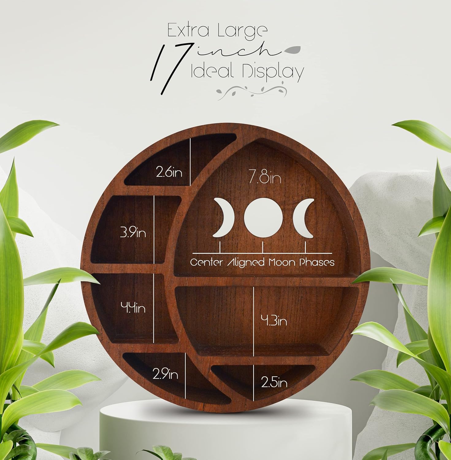 Crescent Moon Shelf for Crystals | Moon Phase Shelf | Wooden Moon Shelf | Wall Decoration for Stone Crystals and Essential Oils | Moon Phases Wall Art, Brown, 17 inch x 17 inch x 3.4 inch