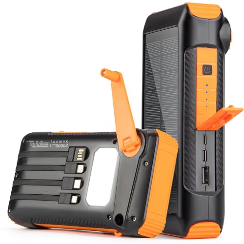 Solar Power Bank 20000mAh Built in Hand Crank and 4 Cables,22.5W Fast Charge Power Bank Solar Portable Charger LEDs Flashlight,Fast Charging Battery Pack for Outdoor Camping Survival Gear