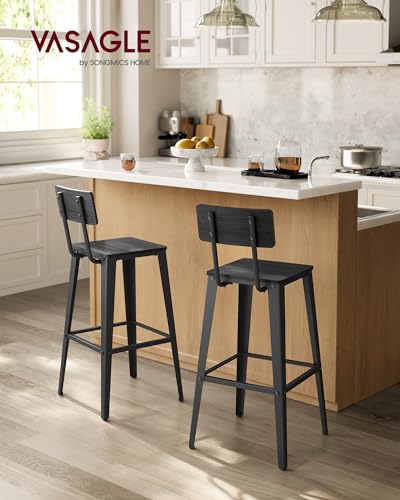 VASAGLE Set of 2 Bar Stools, Bar Height Stools, Tall Bar Stools with Back, Bar Chairs, Steel Frame, Industrial Style, Easy Assembly, Ash Black and Ink Black ULBC078B02