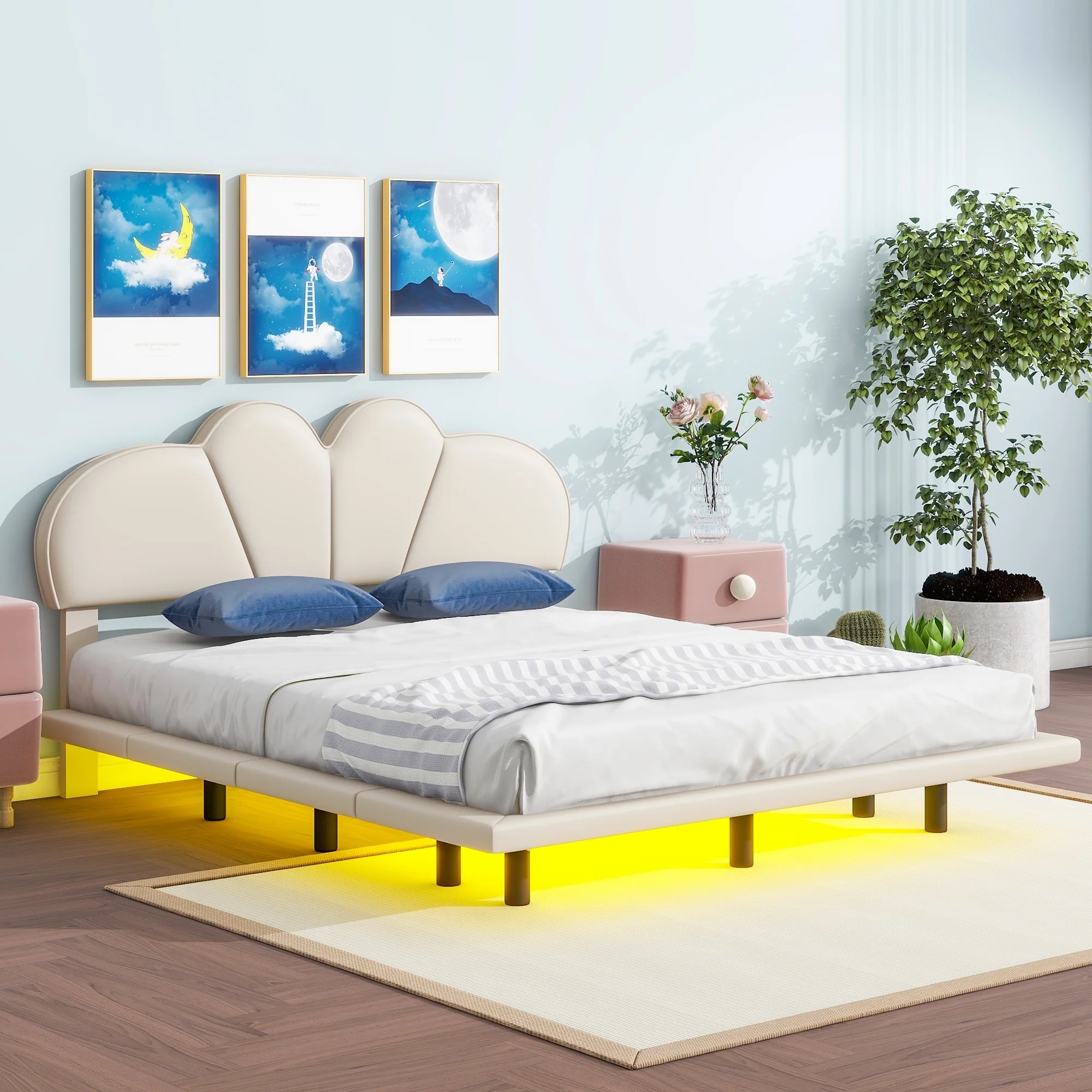 Euroco Full Size Upholstery Floating Bed with LED Lights, PU Leather Headboard Platform Bed for Kids Teens Adults, Beige