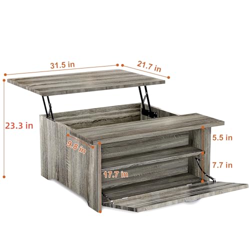 31.5'' Lift Top Coffee Table with Storage, Wood Square Coffee Table with Large Hidden Storage Compartments and Adjustable Shelf, Rustic Center Table for Living Room, Gray Oak