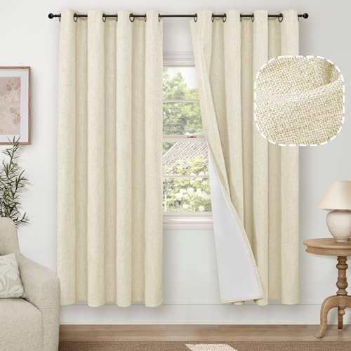 Cream 100% Blackout Linen Curtains for Living Room 84 Inch Length 2 Panels Set, Faux Linen Thermal Insulated Light Blocking Curtains for Bedroom, Bronze Grommet Boho Window Drape Each 52