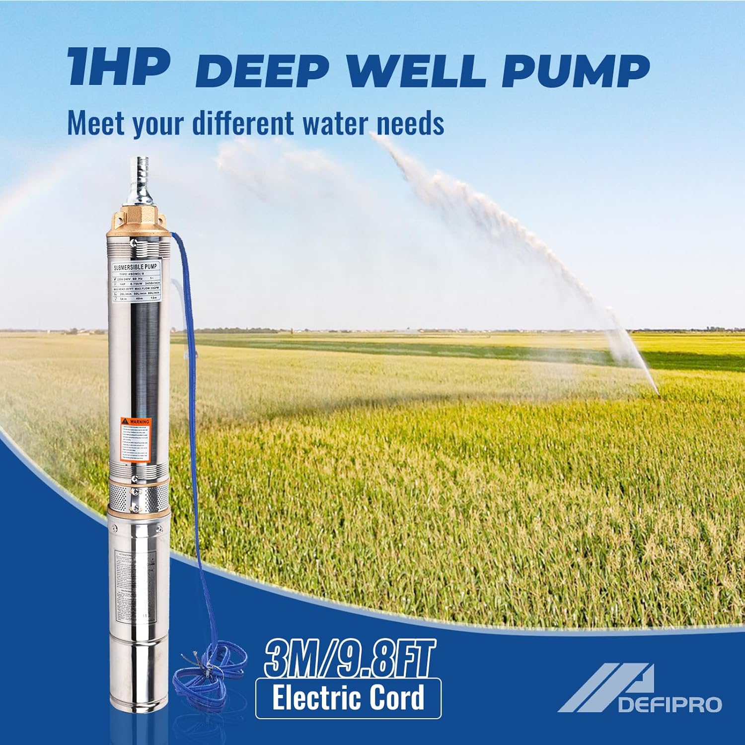 1HP Deep Well Submersible Pump, 220V/ 60HZ 0.75KW Stainless Steel Water Well Pumps for Industrial and Home Use, 1.25