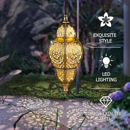 Hanging Solar Lantern Outdoor Decor, Moroccan Solar Lights for Outside Garden Decorations, Waterproof Matel LED Lanterns Garden Gifts for Mom, Women, Patio, Yard,Mothers Day