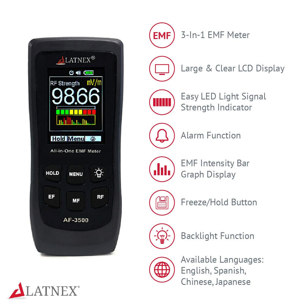 AF-3500 EMF Meter RF Detector and Reader with Calibration Certificate - Measures High and Low EMF Radiation from Cell Phones Towers, Smart Meters, WiFi, Power Lines, Appliances, Electrical Boxes