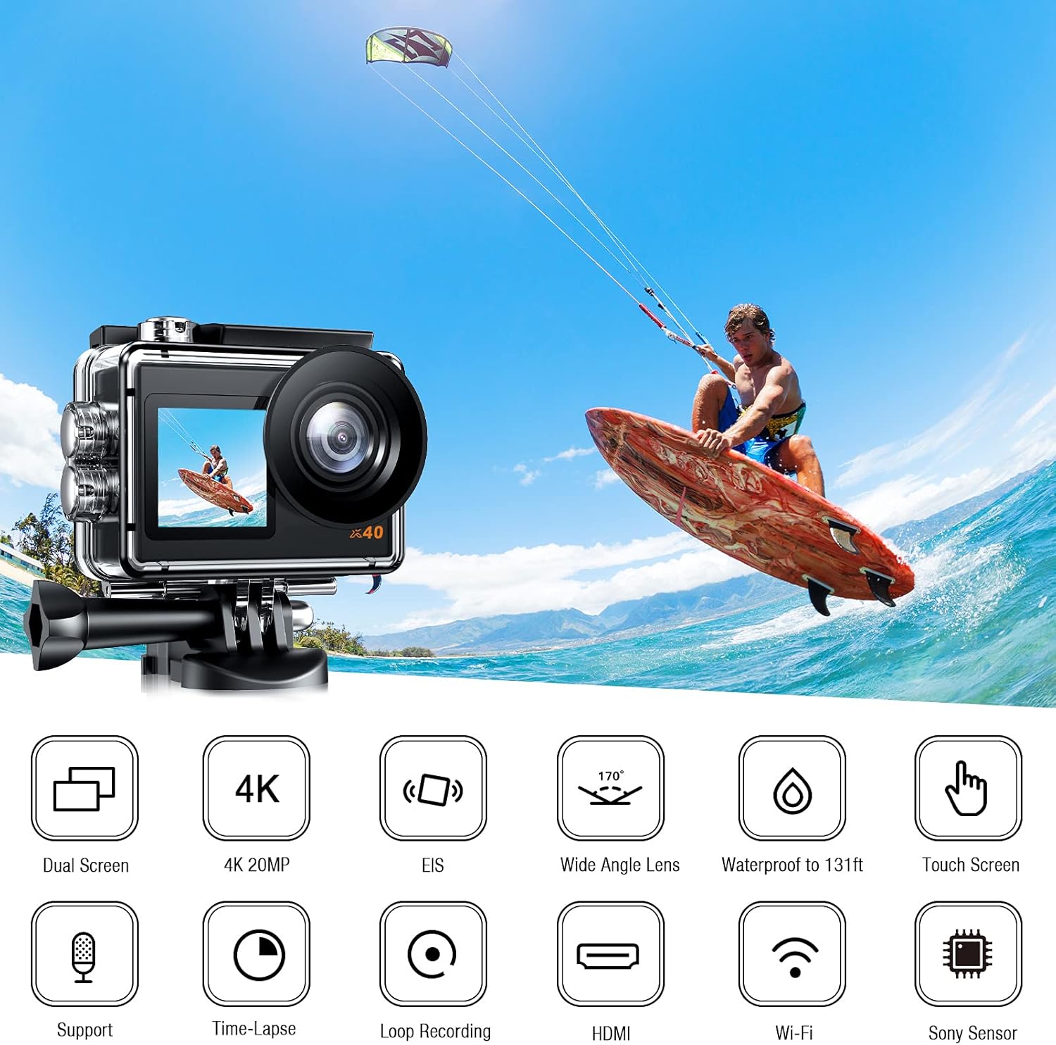 Action Camera 4K Sports Camera 20MP 40M Waterproof Underwater Camera 170°Wide Angle WiFi Ultra HD Camera with 2.4G Remote Control 2 Batteries with Mounting Accessories Kit [New Version]