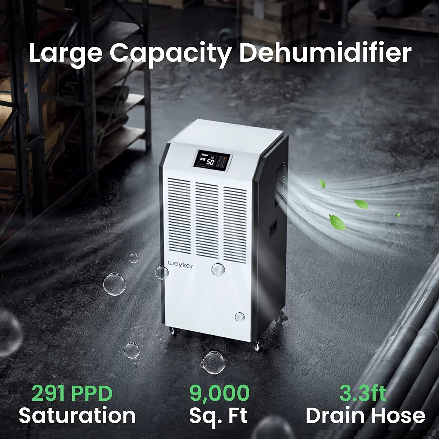 Waykar 291 Pints Commercial Dehumidifier with Drain Hose Industrial Dehumidifier in Large Space up to 9000 Sq. Ft - Intelligent Touch Control for Basements Warehouse Whole House Moisture Remove