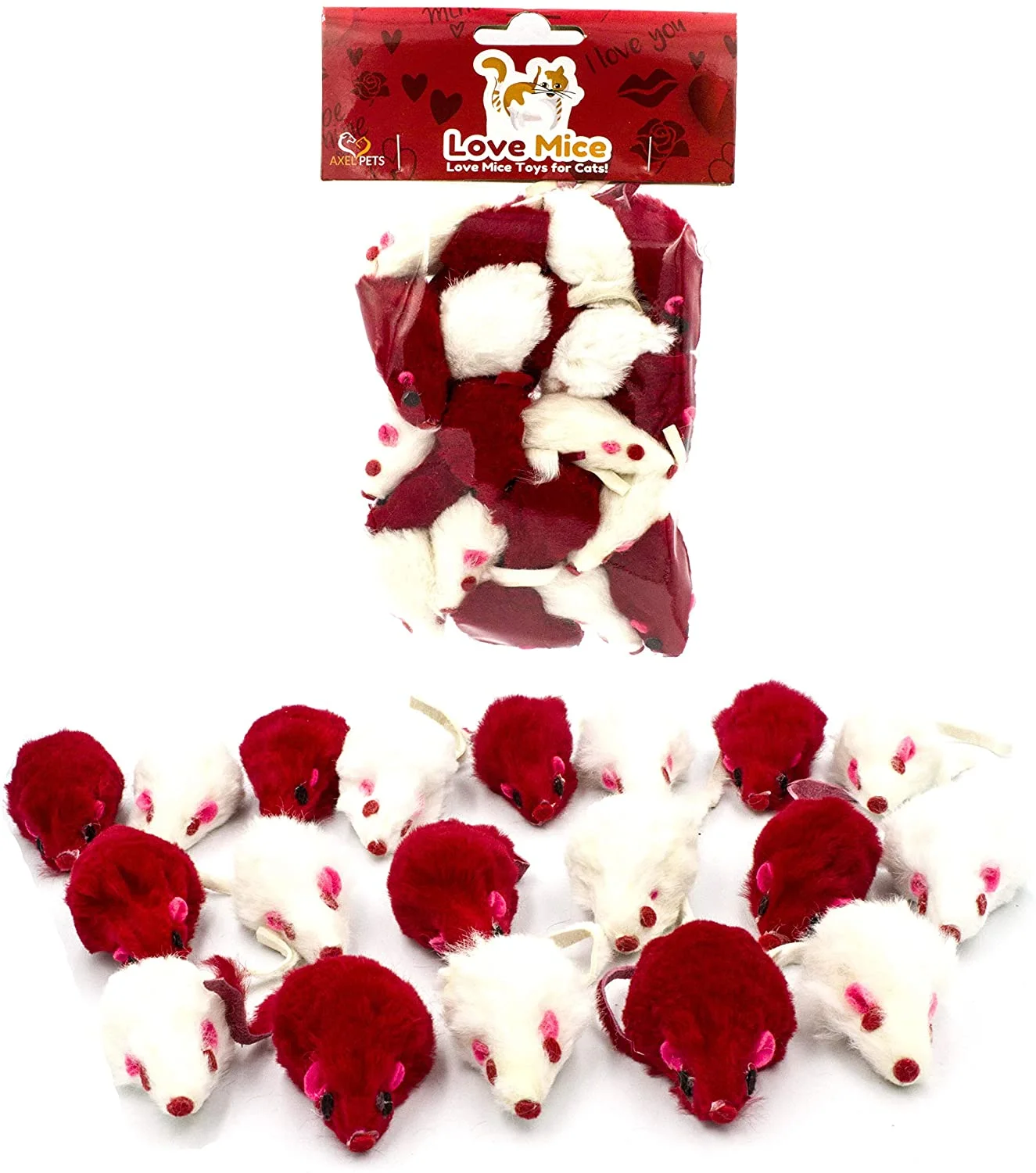 AXEL PETS 20 I Love You Romantic Cat Mice Toys with Catnip and Rattle Sound Interactive Catch Play Mouse Toy for Cat, for St Valentine's Day, Anniversary, New Year Pack of 20 Mice