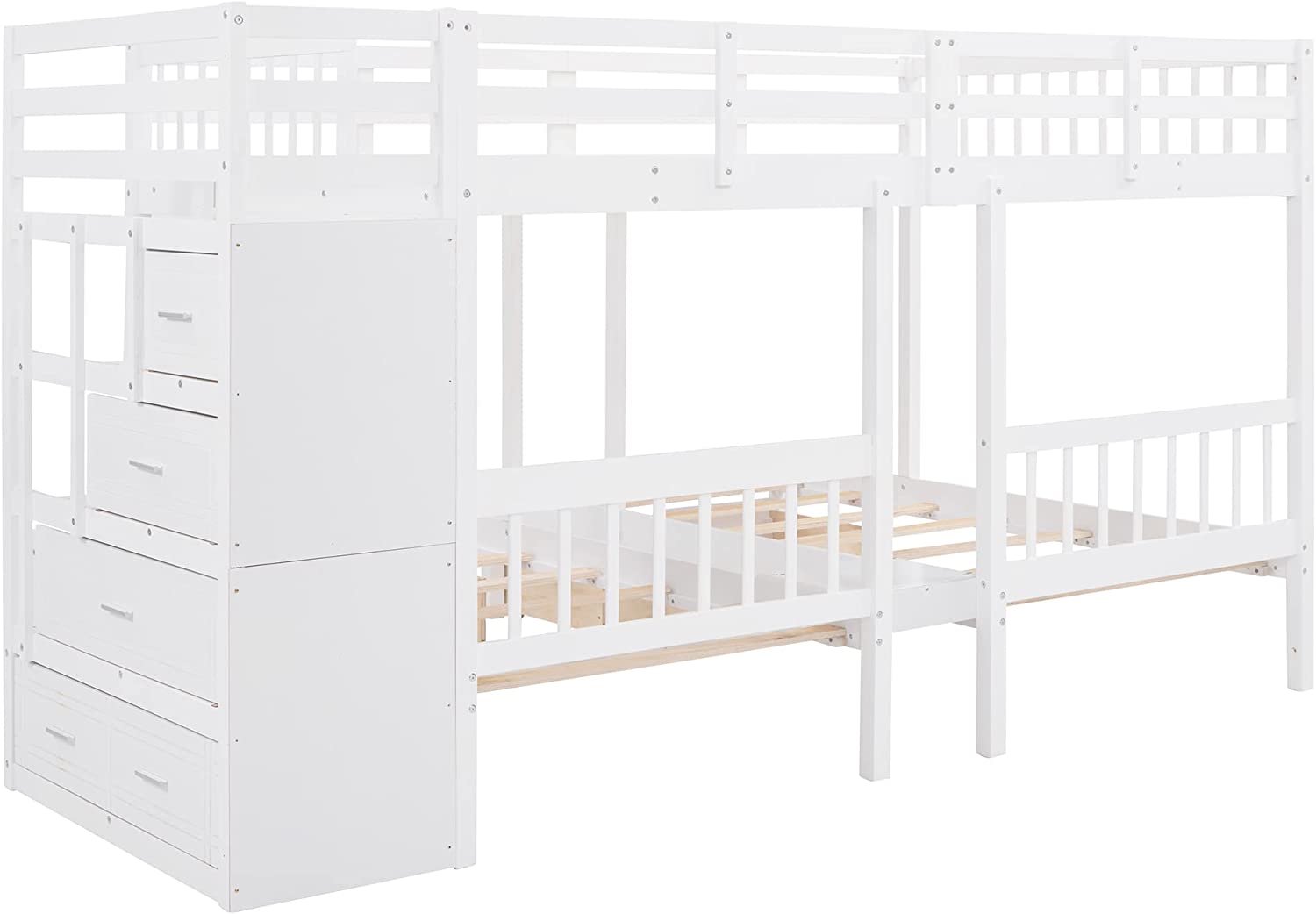 Full Over Twin & Twin Bunk Bed, Wood Triple Bunk-Beds with Drawers and Guardrails,White