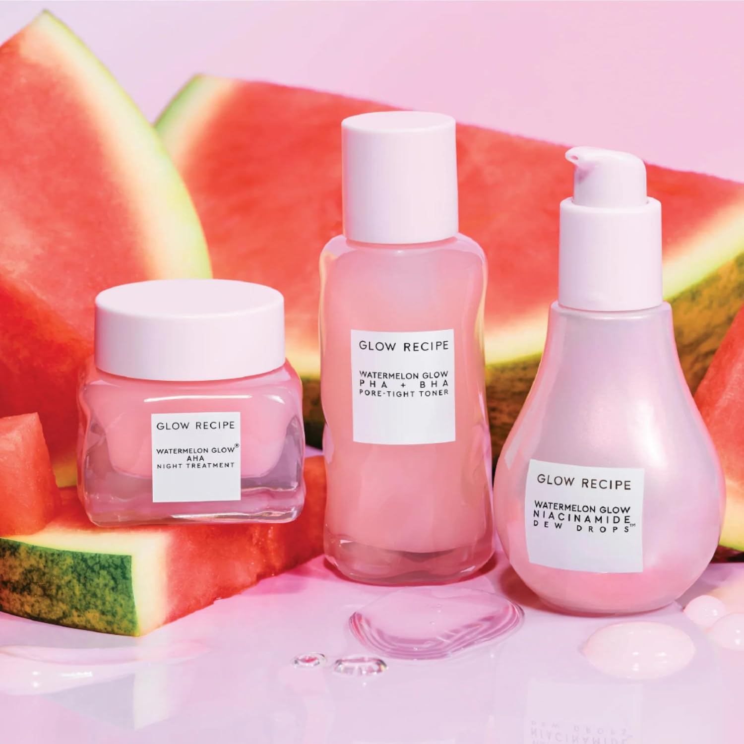 Glow Recipe Dew + Glow Trio - Watermelon PHA + BHA Facial Pore Toner (40 ml) + Niacinamide Dew Drops Brightening Serum (40 ml) + AHA Anti Aging Sleeping Mask Night Treatment for Glowing Skin (60 ml)