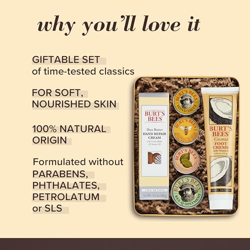 Burt's Bees Gifts Ideas - Classics Set, 6 Products in Giftable Tin – Cuticle Cream, Hand Salve, Lip Balm, Res-Q Ointment, Hand Repair and Foot Cream