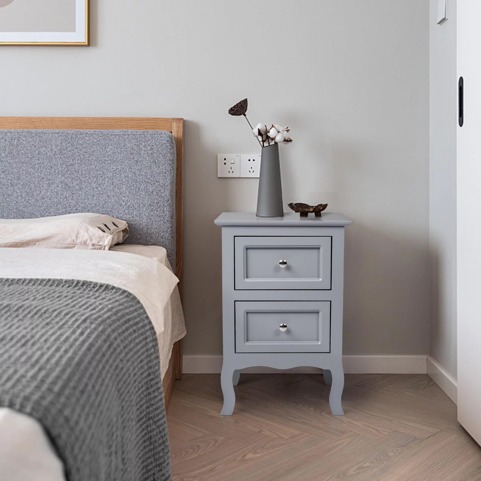 Ktaxon Nightstand, Bedside Table with 2 Storage Drawers, End Side for Bedroom, Country Style Set of 2,Gray