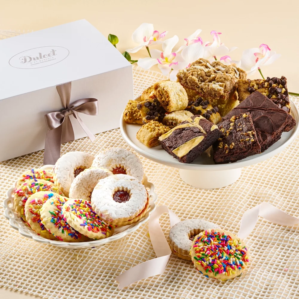 Dulcet gift basket of assorted cookies, perfect  summer gifts and wedding gifts for her with chocolate brownies, rugelach and crumb cake, freshness guaranteed gifts for him