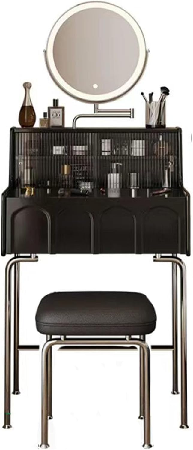 Small Vanity Desk Set with 3 Adjustable Lighted Mirror and Storage Shelf Black Tiny Vanity Table with Drawer for Bedroom Vanity Compact Dressing Table for Small Space